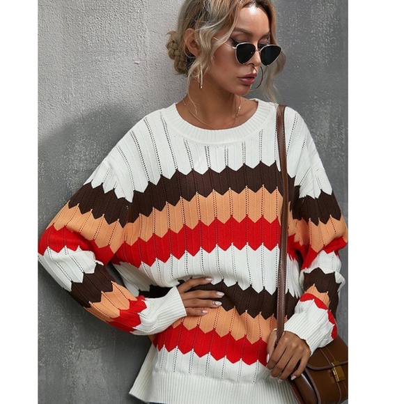 Chunky striped crew neck knit sweater - Picture 4 of 5